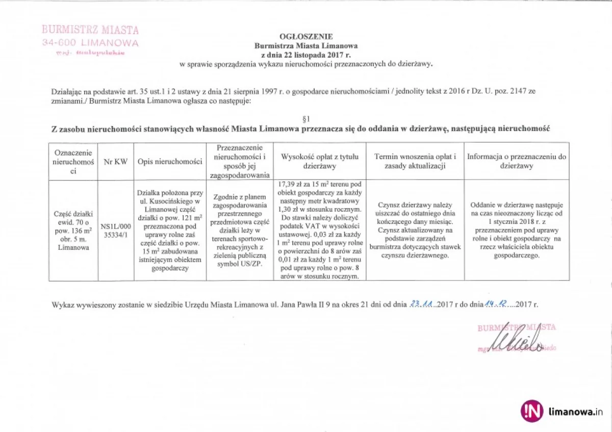 Ogłoszenie Burmistrza Miasta Limanowa z dnia 23.11.2017 r.