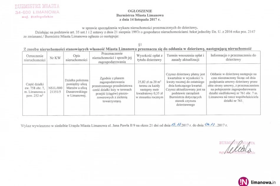Ogłoszenie Burmistrza Miasta Limanowa z dnia 14.11.2017 r. - zdjęcie 2