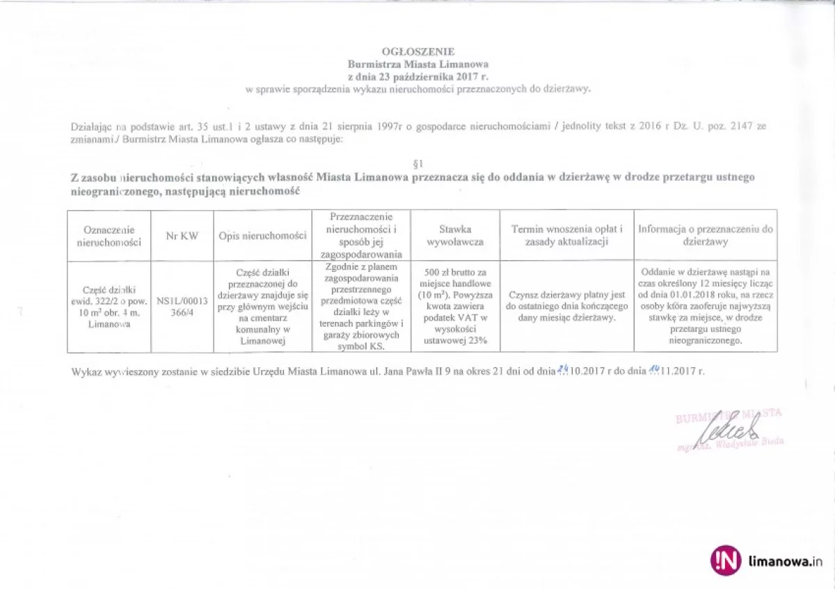 Ogłoszenie Burmistrza MIasta Limanowa z dnia 23.10.2017 r.