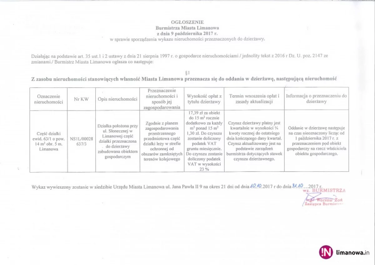 Ogłoszenie Burmistrza Miasta Limanowa z dnia 09.10.2017 r.