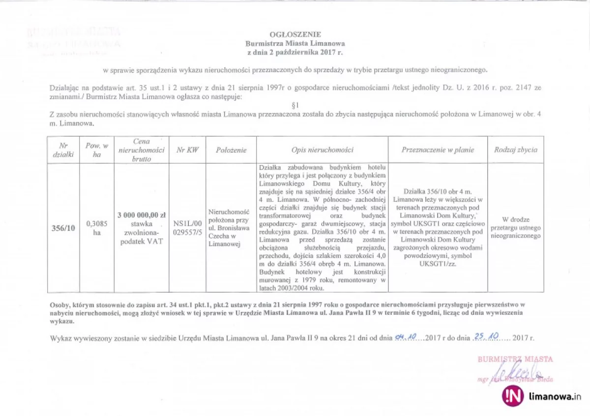 Ogłoszenie Burmistrza Miasta Limanowa z dnia 02.10.2017 r.