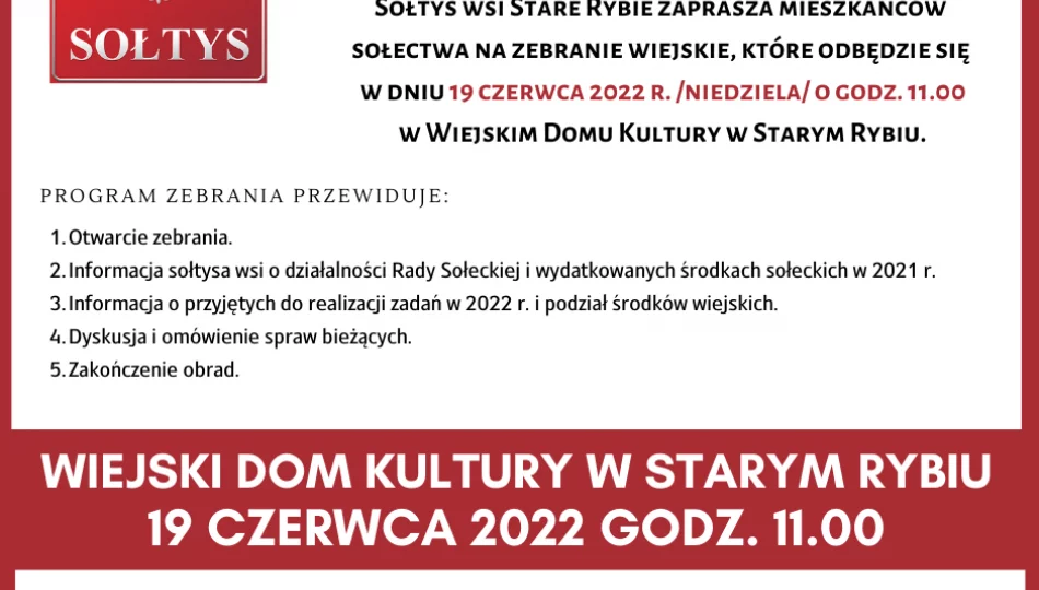 Zawiadomienie o zebraniu wiejskim w miejscowości Stare Rybie - zdjęcie 1