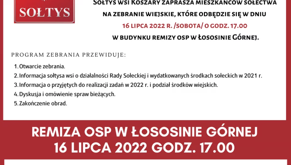 Zawiadomienie o zebraniu wiejskim w miejscowości Koszary - zdjęcie 1