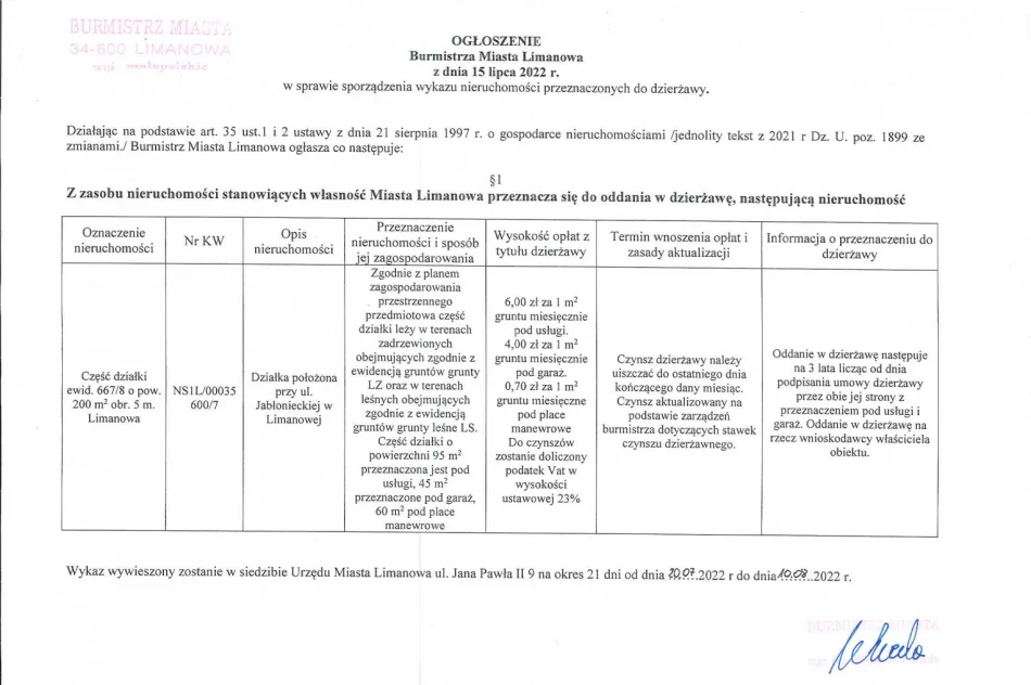 Ogłoszenie z dnia 15 lipca 2022 roku w sprawie sporządzenia wykazu nieruchomści przeznaczonych do dzierżawy. Dotyczy części działki 667/8 obr 5 m. Limanowa o łącznej powierzchni 200 m2 - zdjęcie 2