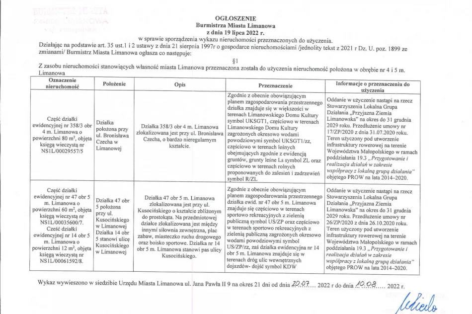 Ogłoszenie Burmistrza Miasta Limanowa z dnia 19 lipca 2022 roku w sprawie sporządzenia wykazu nieruchomości przeznaczonych do użyczenia. Dotyczy części działek ewid. nr 358/3 obr 4 i 47, 14 obr 5 m. Limanowa. - zdjęcie 2