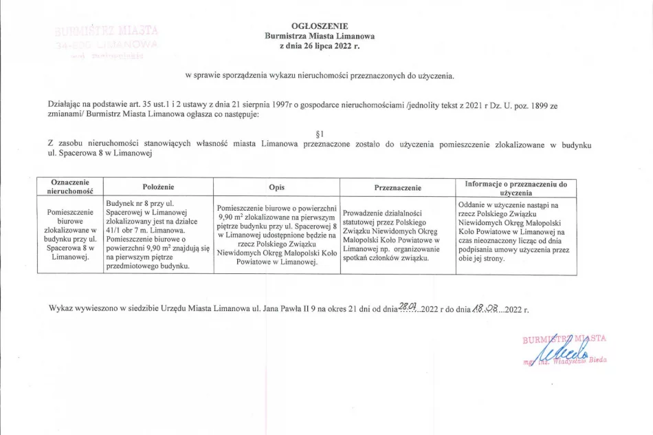 Ogłoszenie Burmistrza Miasta Limanowa z dnia 26.07.2022 r. w sprawie wywieszenia wykazu nieruchomości przeznaczonych do użyczenia - zdjęcie 2