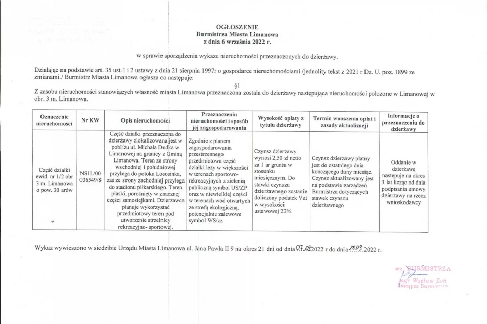 Ogłoszenie Burmistrza Miasta Limanowa z dnia 6 września 2022 r. w sprawie wywieszenia wykazu nieruchomości przeznaczonych do dzierżawy - zdjęcie 2