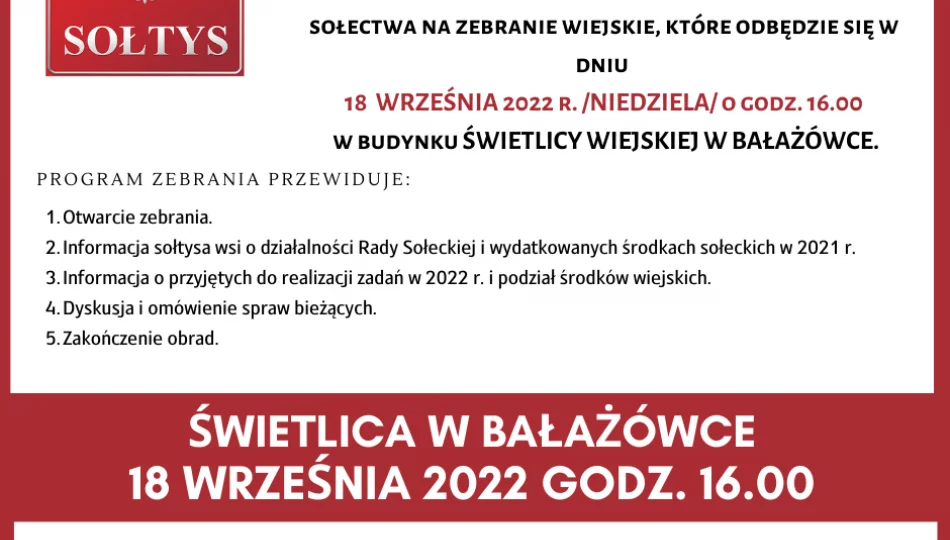 Zawiadomienie o zebraniu wiejskim w miejscowości Bałażówka - zdjęcie 1