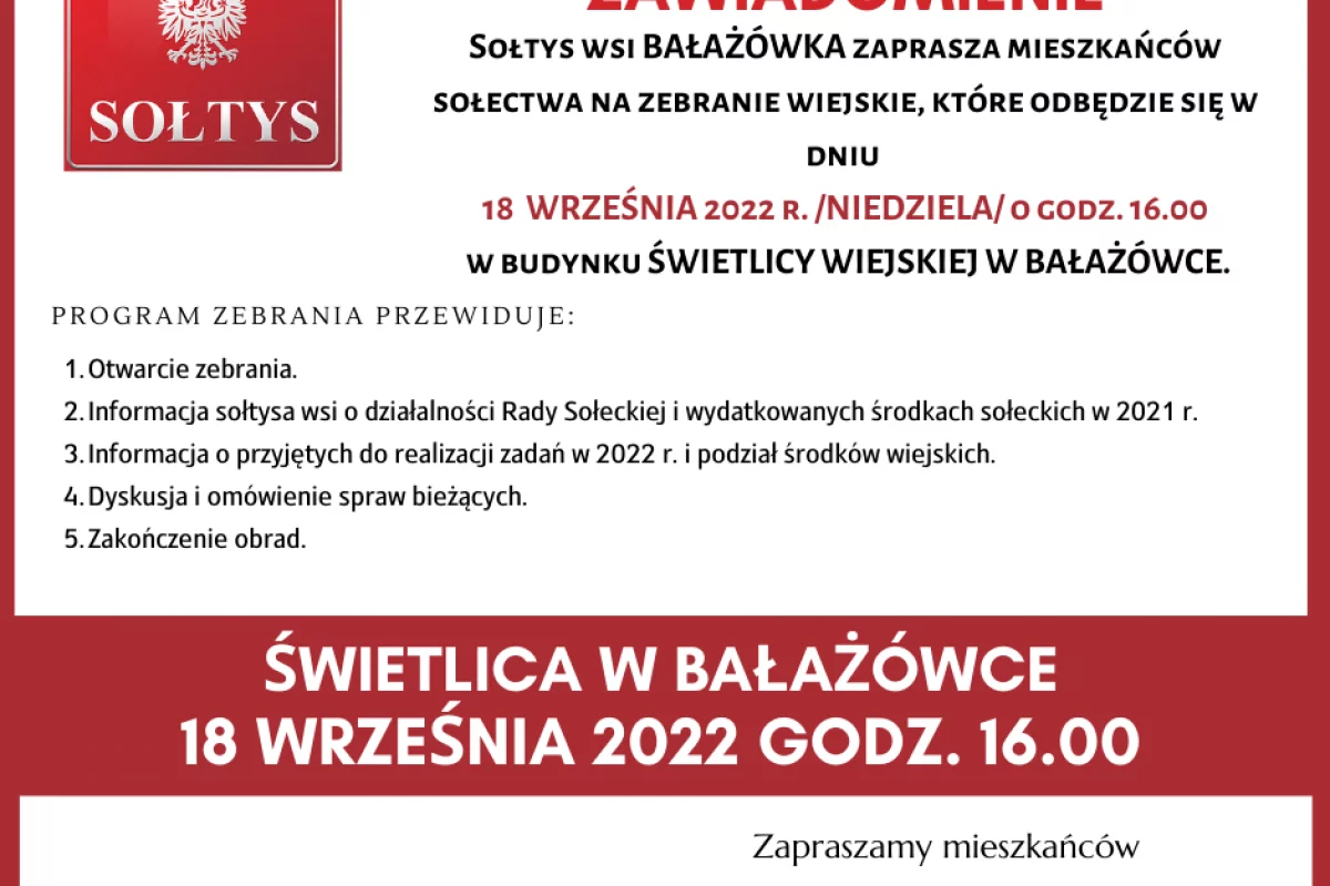 Zawiadomienie o zebraniu wiejskim w miejscowości Bałażówka