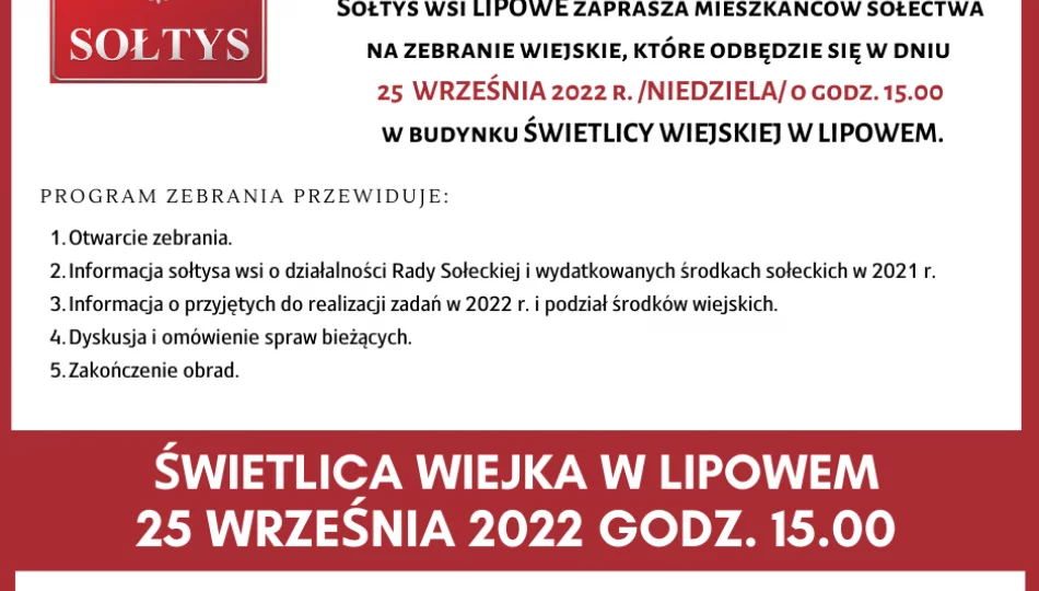 Zawiadomienie o zebraniu wiejskim w miejscowości Lipowe - zdjęcie 1