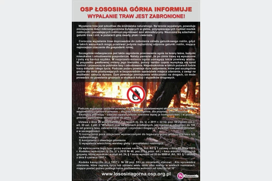 OSP Łososina Górna apeluje! Wypalanie traw jest niedozwolone i naprawdę niebezpieczne! - zdjęcie 2