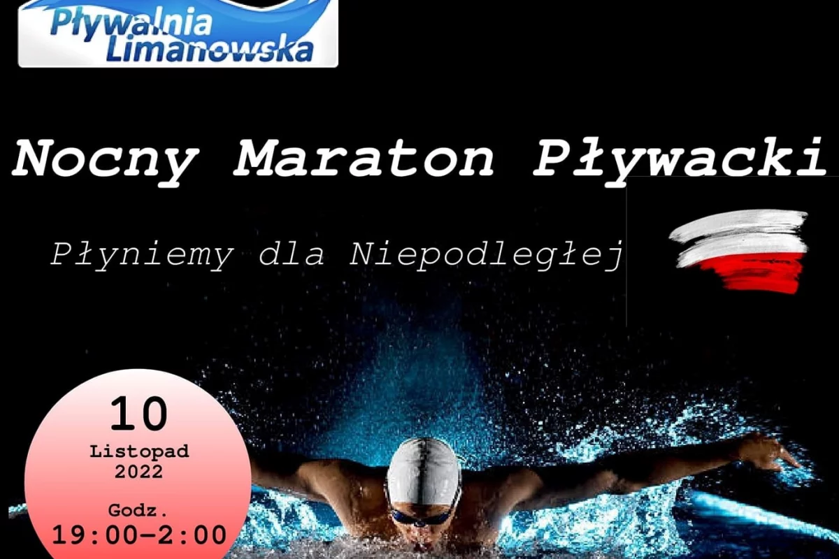 „Płyniemy dla Niepodległej” – NOCNY MARATON PŁYWACKI na Pływalni Limanowskiej