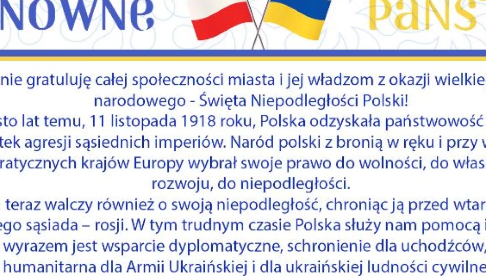 Życzenia z okazji Święta Niepodległości dla Miasta Limanowa od władz partnerskiego Miasta Truskawiec na Ukrainie - zdjęcie 1