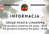 Informacja o godzinach pracy Urzędu Miasta Limanowa w dniach 22 i 23 grudnia - zdjęcie główne