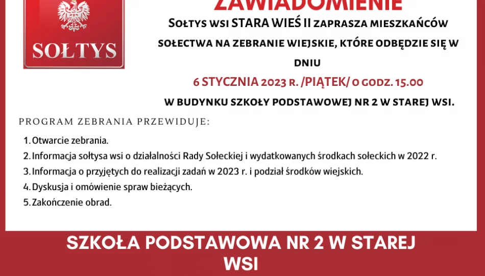 Zawiadomienie o zebraniu wiejskim w miejscowości Stara Wieś II - zdjęcie 1