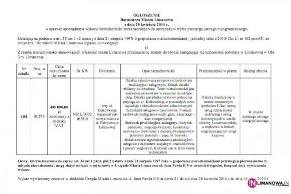 Działka przy ul. Krakowskiej w Limanowej do sprzedania - zdjęcie 4