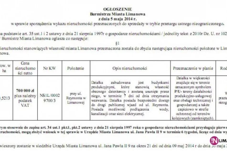 Działka 83/1 obr. 1 przy ul. Reymonta w Limanowej- przeznaczona na sprzedaż. - zdjęcie 4