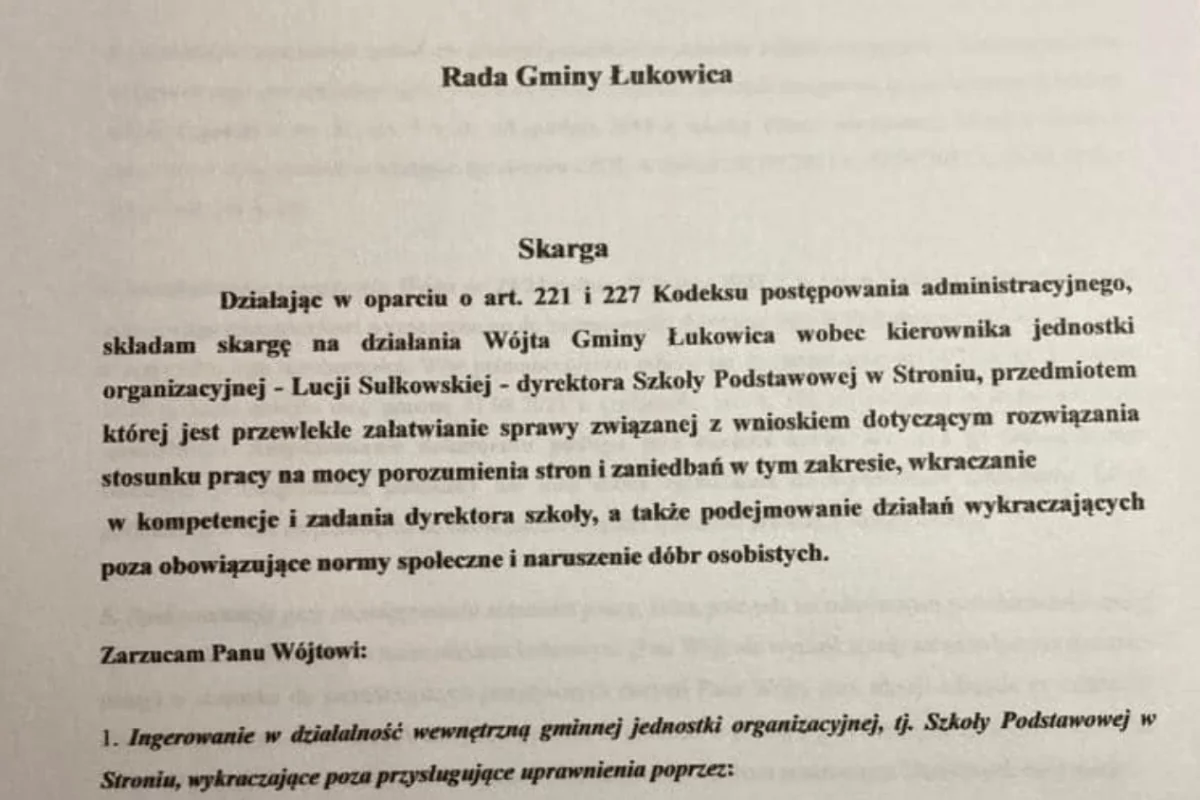 Pełna treść skargi dyrektor szkoły na wójta gminy