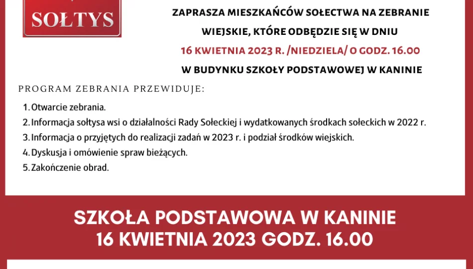 Informacja  o zebraniu Wiejskim w miejscowości Kanina - zdjęcie 1