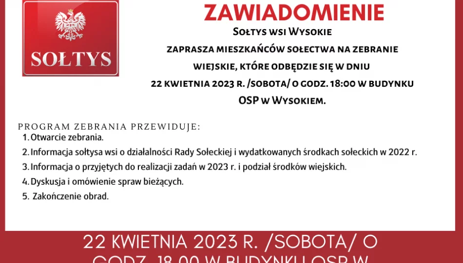 Informacja o zebraniu Wiejskim w miejscowości Wysokie - zdjęcie 1