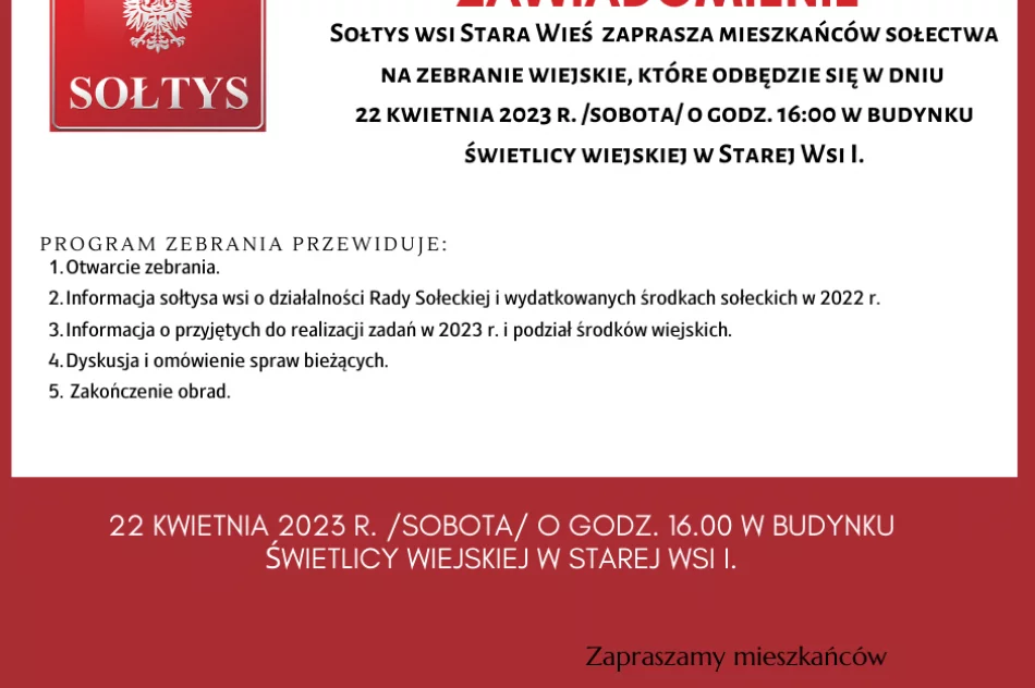 Informacja  o zebraniu Wiejskim w miejscowości Stara Wieś I - zdjęcie 2
