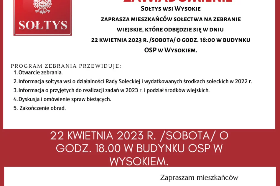Informacja o zebraniu Wiejskim w miejscowości Wysokie - zdjęcie 2