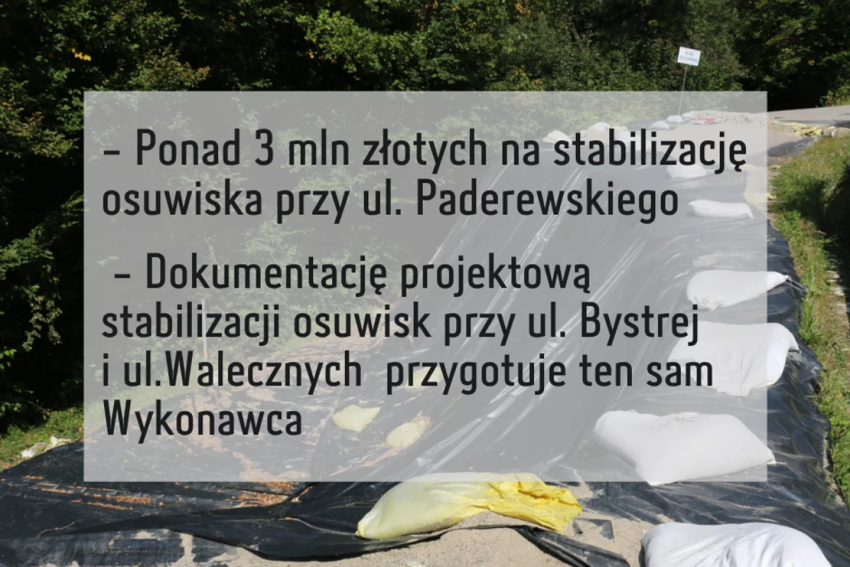 Ponad 3 mln zł na stabilizację osuwiska przy ul. Paderewskiego, ten sam Wykonawca prac projektowych stabilizacji osuwisk przy ul. Bystrej i ul. Walecznych