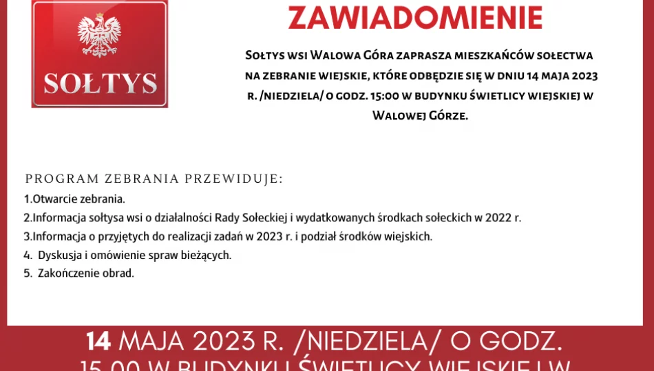 Informacja o zebraniu Wiejskim w miejscowości Walowa Góra - zdjęcie 1