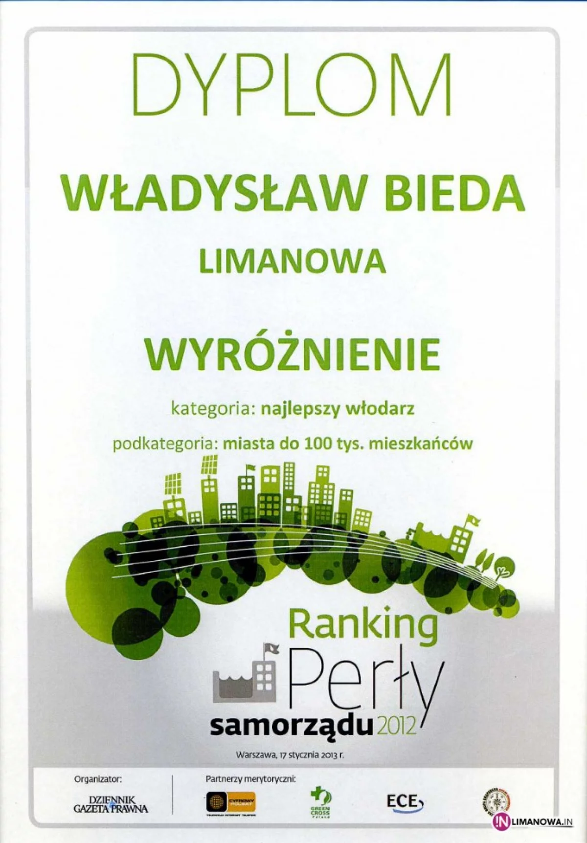 Burmistrz Władysław Bieda - laureatem rankingu „Perły Samorządu 2012”