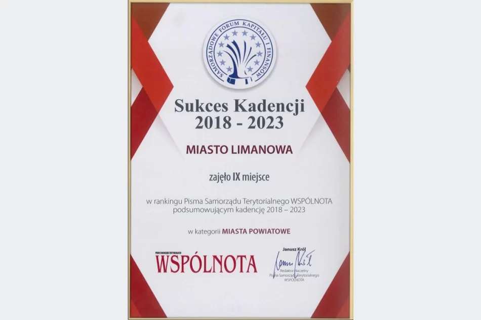 „Sukces Kadencji” – nagroda dla Miasta Limanowa w Rankingu pisma „Wspólnota” - zdjęcie 5