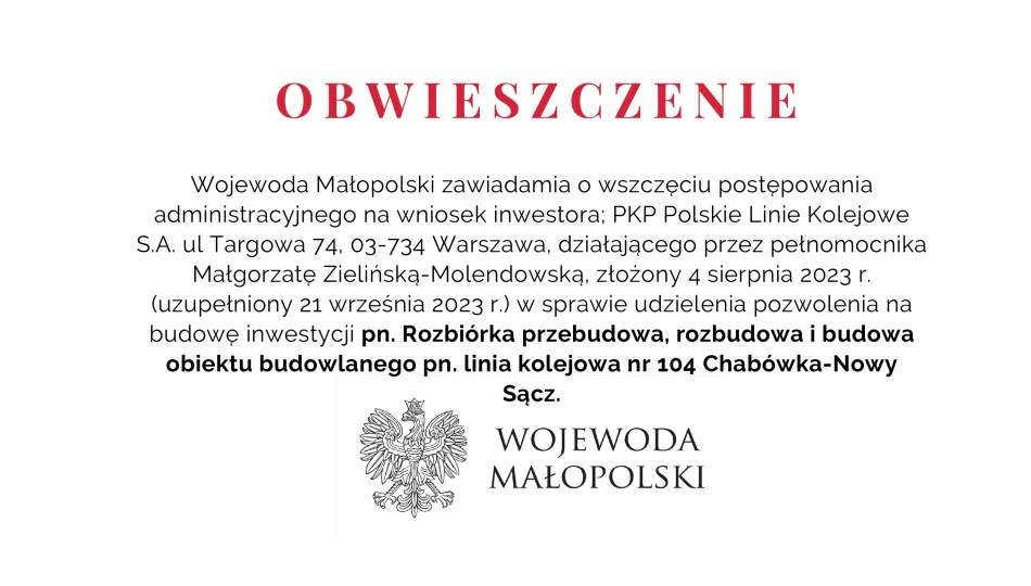 Obwieszczenie Wojewody Małopolski dot. linii kolejowej nr 104 Chabówka-Nowy Sącz. - zdjęcie 1