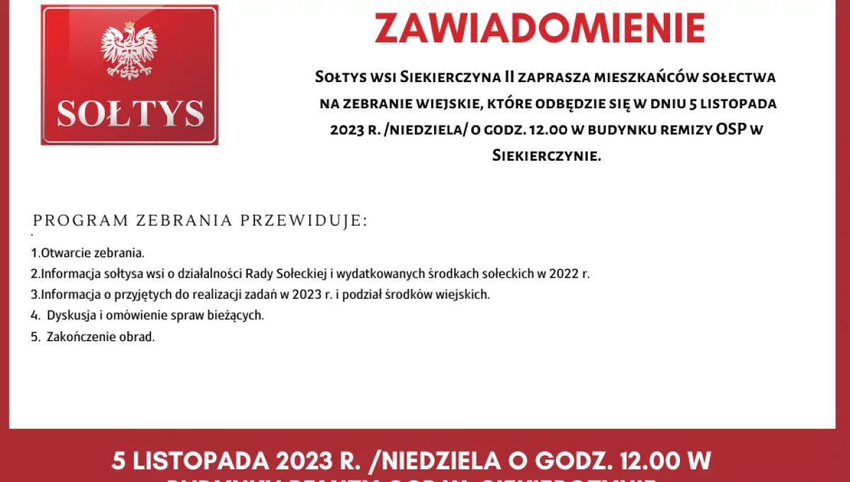 Zawiadomienie o zebraniu wiejskim w Siekierczynie II