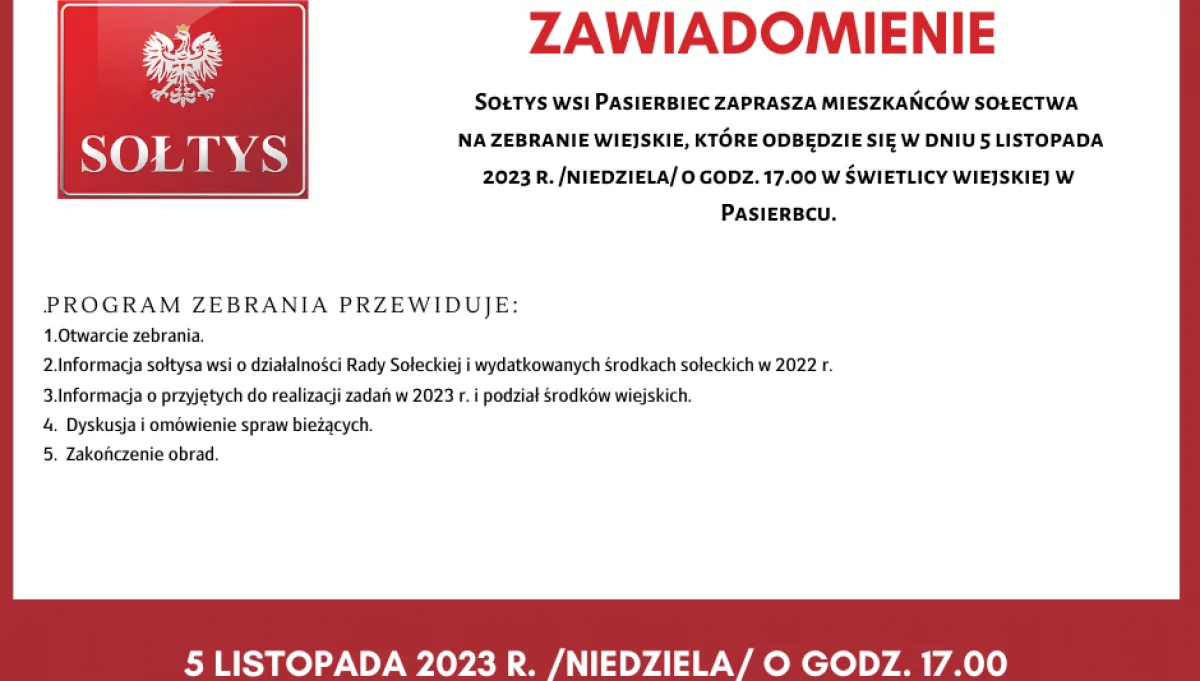 Zawiadomienie o zebraniu wiejskim w Pasierbcu