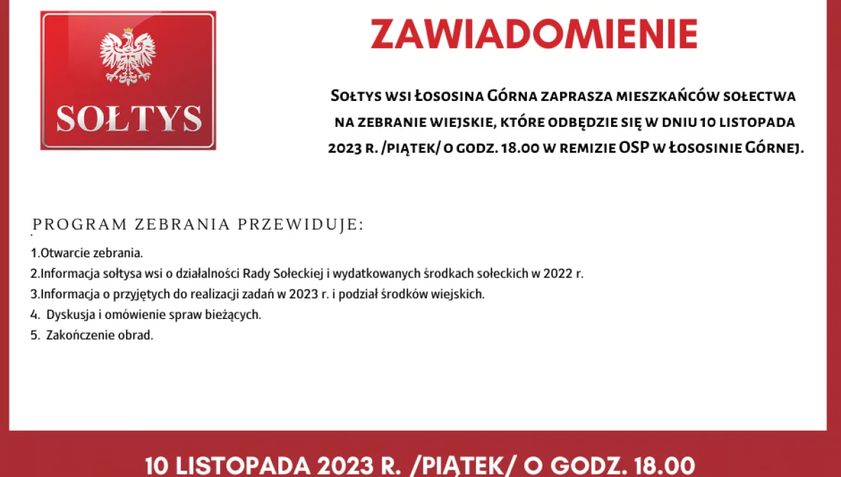 Zawiadomienie o zebraniu wiejskim w Łososinie Górnej.