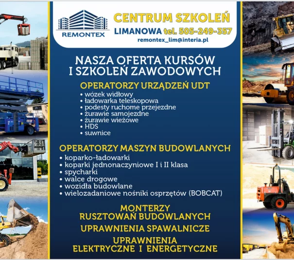 KURSY I SZKOLENIA  KOPARKI KOPARKOŁADOWARKI WÓZKI WIDŁOWE PODESTY RUCHOME ŻURAWIE - Zdjęcie główne