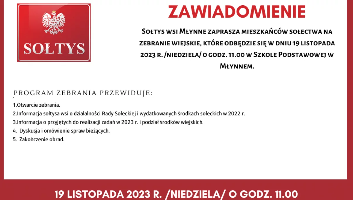Zawiadomienie o zebraniu wiejskim w miejscowości Młynnem