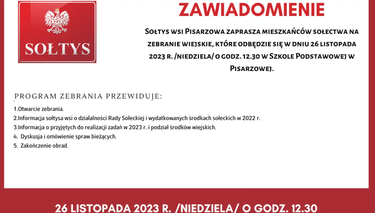 Zawiadomienie o zebraniu wiejskim w miejscowości Pisarzowa
