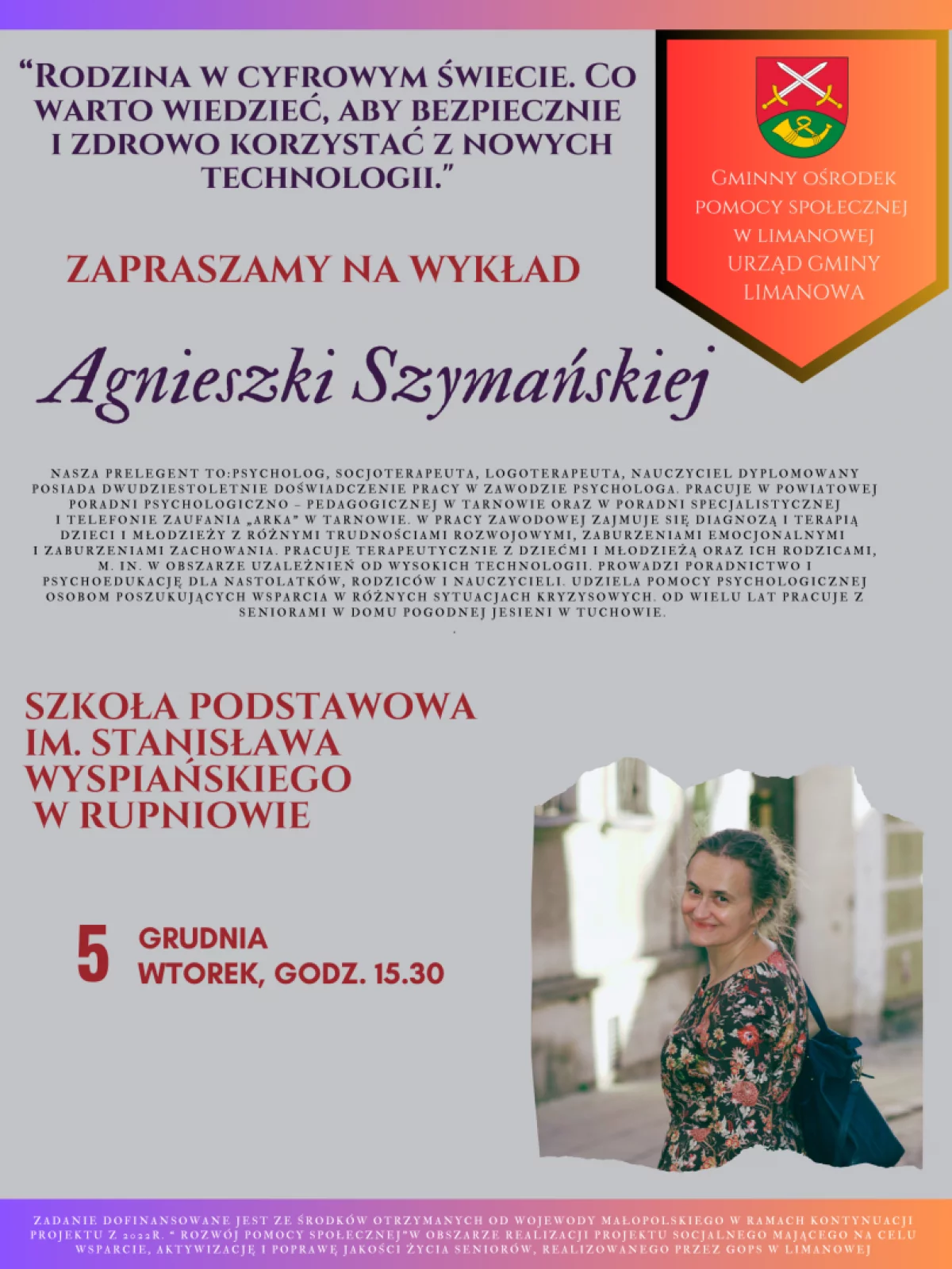 Wykład Agnieszki Szymańskiej pn. "Rodzina w cyfrowym świecie. Co warto wiedzieć, aby bezpiecznie i zdrowo korzystać z nowych technologii"