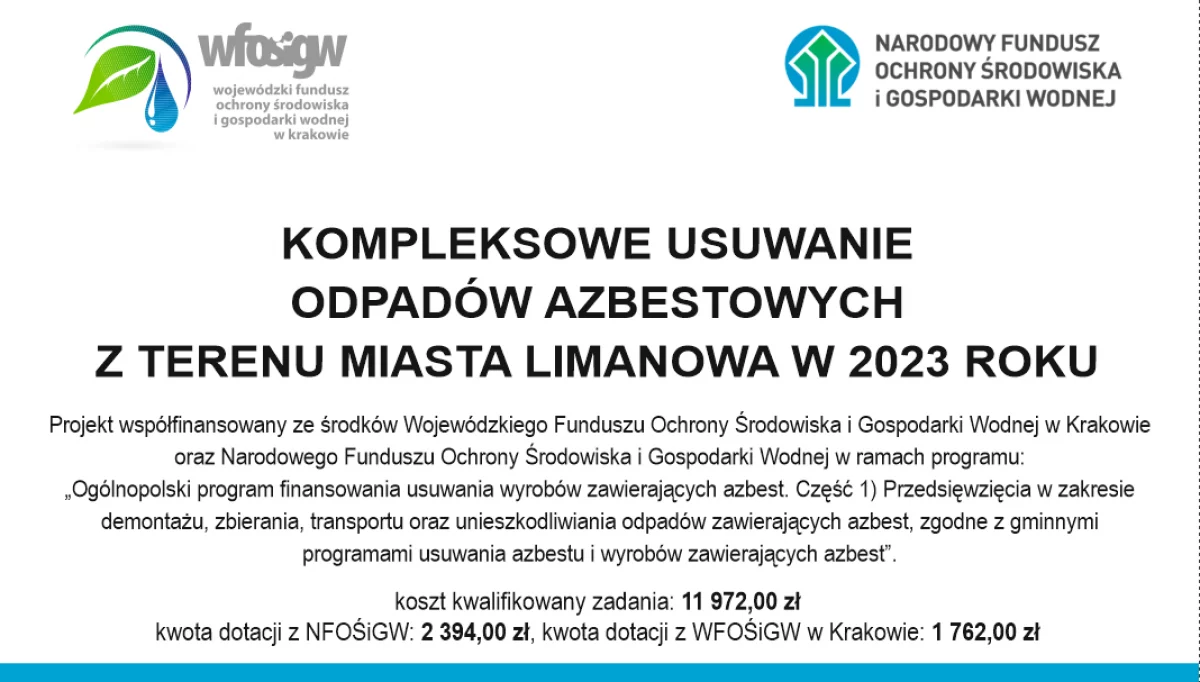Realizacja programu „Kompleksowe usuwanie odpadów azbestowych z terenu Miasta Limanowa w 2023 roku”