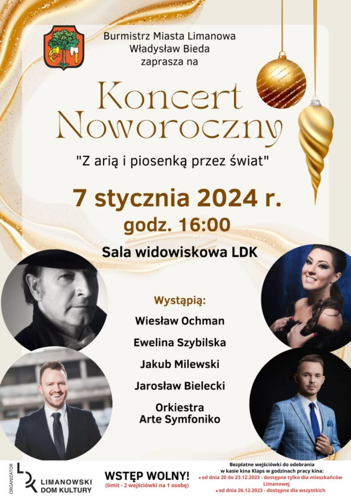 Burmistrz Miasta Limanowa zaprasza na Koncert Noworoczny do Limanowskiego Domu Kultury