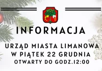 W dniu 22 grudnia Urząd Miasta Limanowa otwarty będzie do godz.12:00 - zdjęcie główne