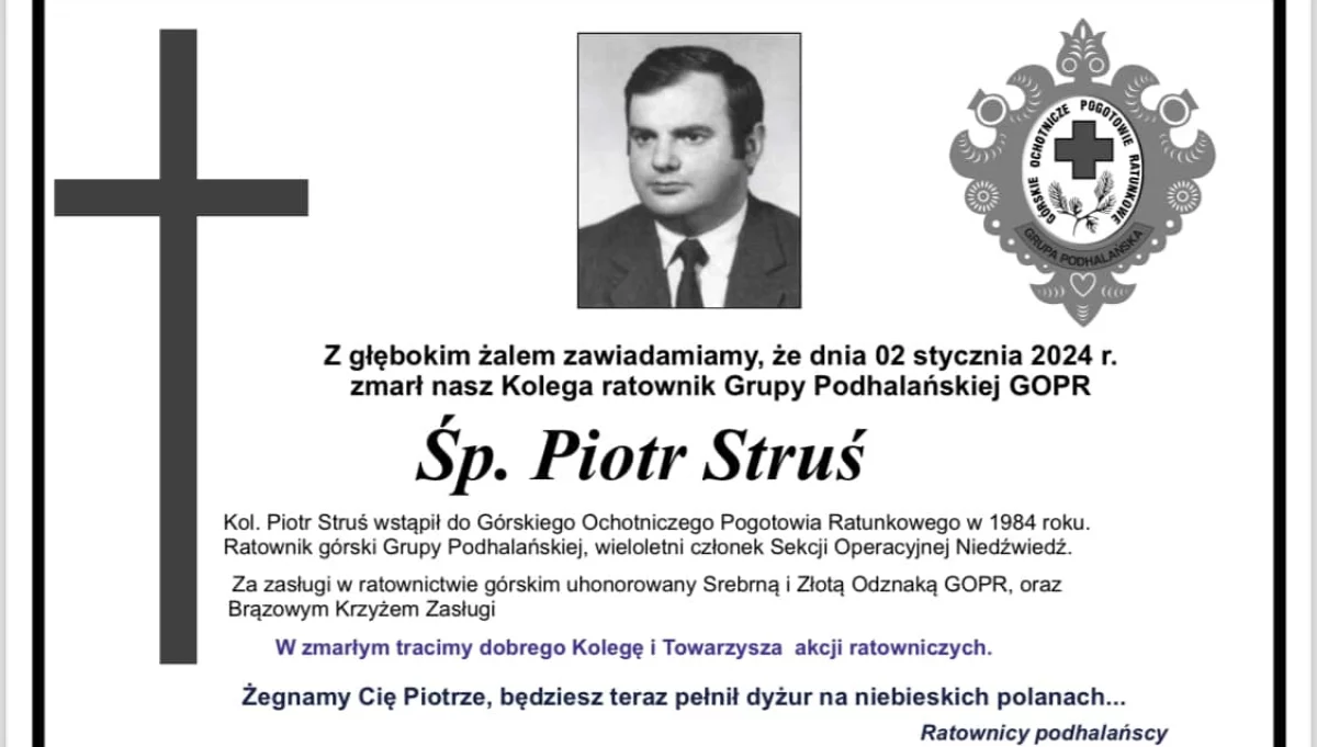 Informacja o śmierci śp. Piotra Strusia/fot.: GP GOPR