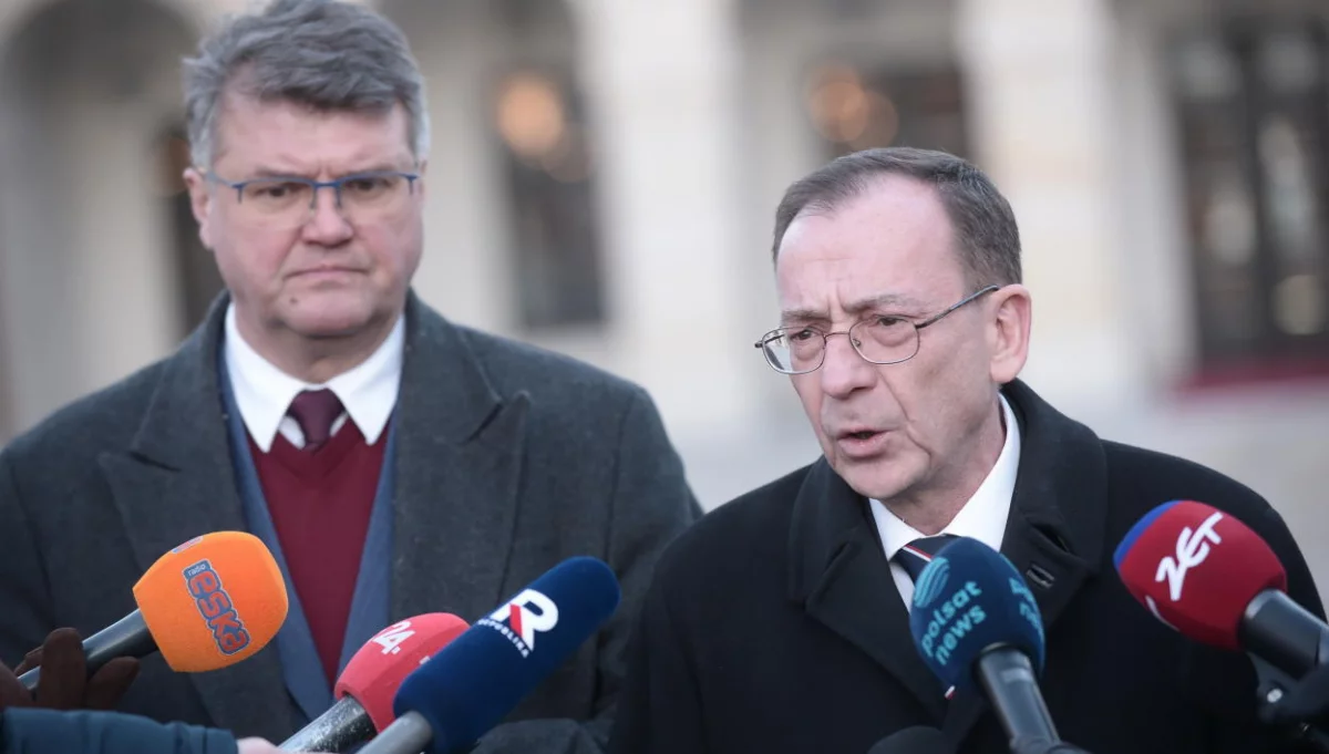 Mariusz Kamiński i Maciej Wąsik po wygłoszeniu oświadczeń wrócili do Pałacu Prezydenckiego (Fot. PAP/Marcin Obara)