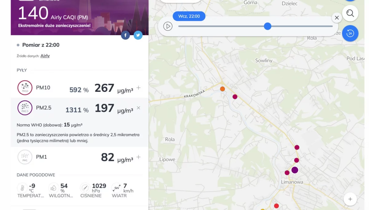 Przekroczenia norm jakości powietrza w Limanowej na ulicy Konopnickiej - 10 stycznia 2024 r.