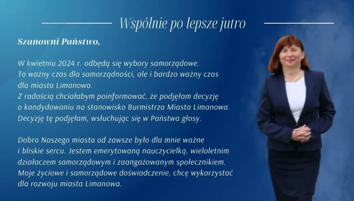 Jolanta Juszkiewicz kandydatką na burmistrza miasta Limanowa