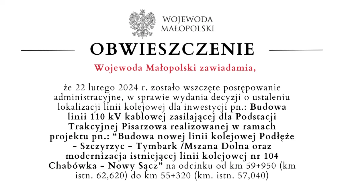 Obwieszczenie Wojewody Małopolski dot. linii 110 kV kablowej zasilającej - Pisarzowa