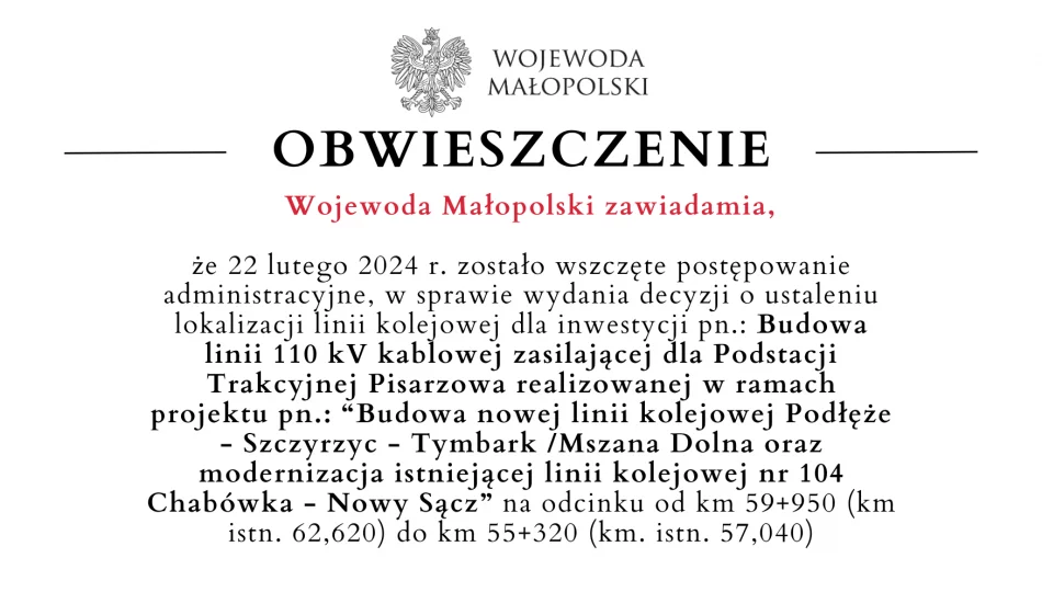 Obwieszczenie Wojewody Małopolski dot. linii 110 kV kablowej zasilającej - Pisarzowa - zdjęcie 1