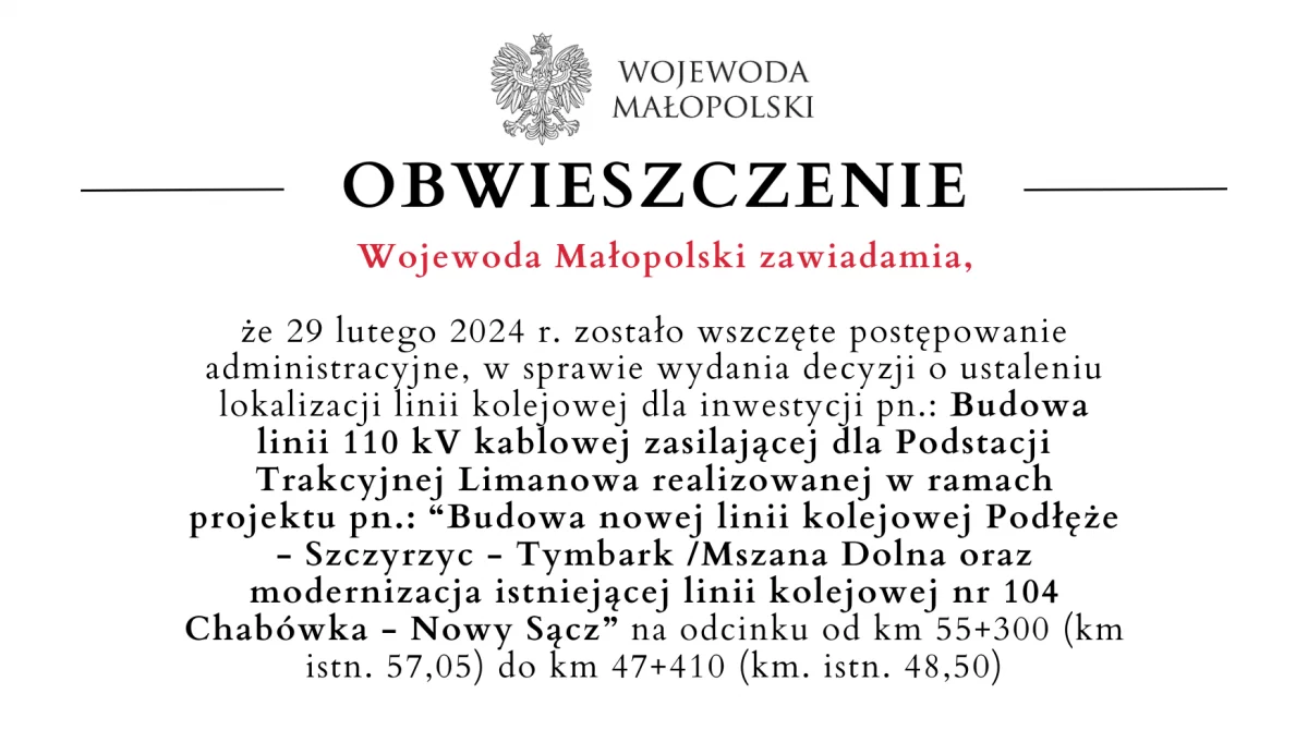 Obwieszczenie Wojewody Małopolski dot. linii 110 kV kablowej zasilającej - Limanowa
