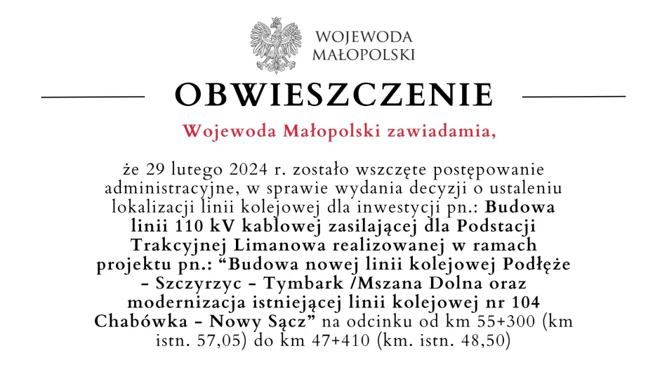 Obwieszczenie Wojewody Małopolski dot. linii 110 kV kablowej zasilającej - Limanowa - zdjęcie 1