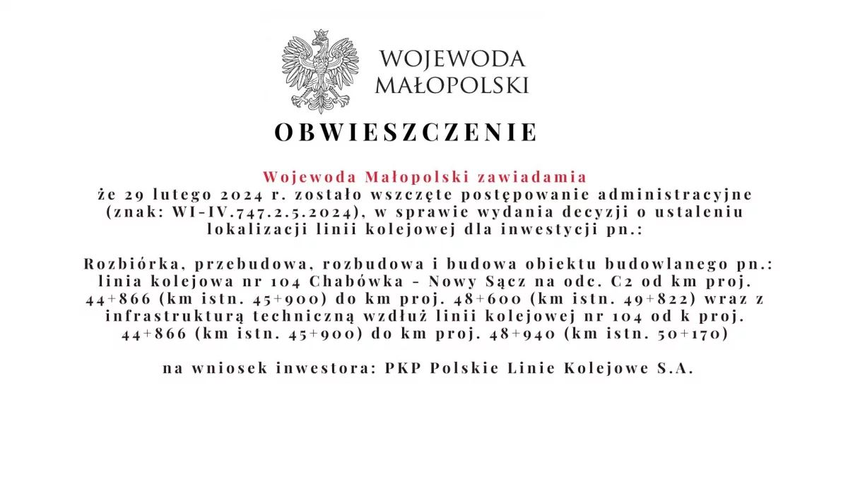 Obwieszczenie Wojewody Małopolskiego ws. wydania decyzji o ustaleniu lokalizacji linii kolejowej